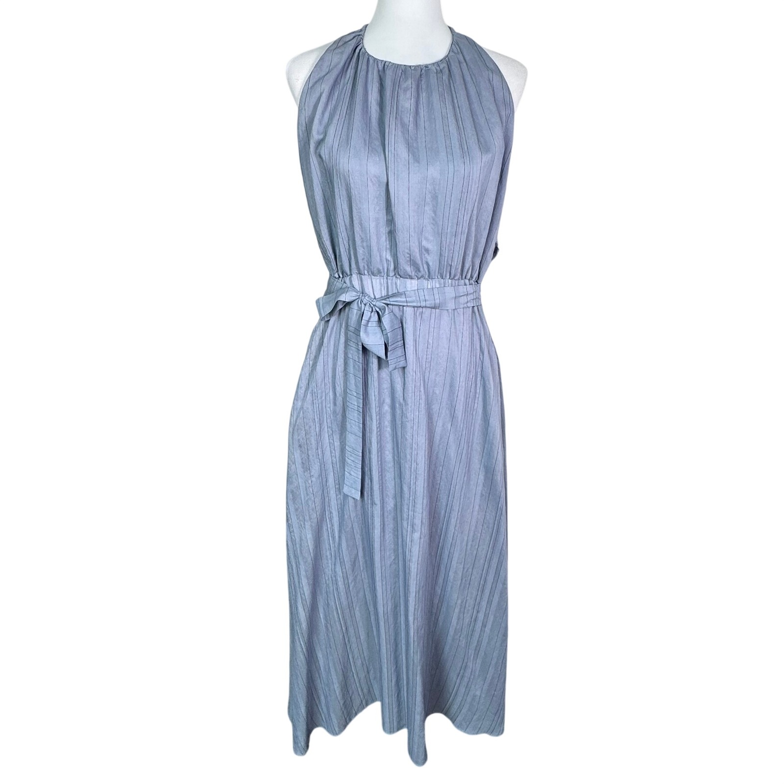 Chloe Dao Women Large Pale Blue Pinstripe Sleeveless Tie Waist Halter Midi Dress